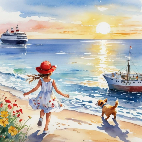 watercolor background,sun and sea,sea fantasy,watercolor painting,watercolor,by the sea,seaside country,nautical children,sea landscape,summer day,sea beach-marigold,watercolor paint,seaside,beach landscape,at sea,children's background,girl on the boat,exploration of the sea,sea breeze,world digital painting,Illustration,Japanese style,Japanese Style 19