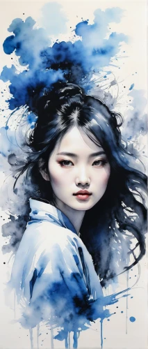 chinese art,blue painting,japanese art,geisha,geisha girl,watercolor blue,zao,oil painting on canvas,rou jia mo,art painting,mulan,asian woman,painting technique,han thom,japanese woman,blue rain,luo han guo,choi kwang-do,janome chow,mystical portrait of a girl,Illustration,Paper based,Paper Based 20