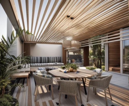garden design sydney,landscape design sydney,landscape designers sydney,wooden decking,patterned wood decoration,roof terrace,3d rendering,outdoor dining,patio furniture,wood deck,outdoor furniture,tropical house,outdoor table and chairs,garden furniture,folding roof,contemporary decor,timber house,dunes house,breakfast room,roof garden
