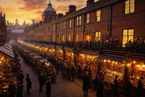christmas market,john atkinson grimshaw,spice market,the victorian era,victorian style,the carnival of venice,london,victorian,medieval market,stalls,large market,the market,the cobbled streets,cordwainer,commerce,townscape,evening atmosphere,old street,york,shoreditch,Illustration,Realistic Fantasy,Realistic Fantasy 18