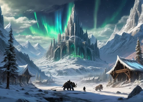 northrend,northen lights,the northern lights,nordic christmas,fantasy picture,northern light,aurora village,fantasy landscape,mountain settlement,norther lights,ice castle,heroic fantasy,northern lights,northernlight,northen light,north pole,auroras,thermokarst,elves flight,fantasy art,Conceptual Art,Sci-Fi,Sci-Fi 06