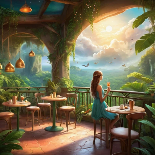 tearoom,fantasy landscape,fairy world,alice in wonderland,fantasy picture,fairy forest,fairy village,watercolor cafe,enchanted forest,paris cafe,fantasy world,woman at cafe,garden of eden,wonderland,the coffee shop,merida,dandelion hall,mushroom landscape,breakfast room,3d fantasy,Illustration,Realistic Fantasy,Realistic Fantasy 01