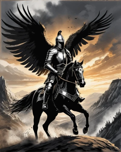 imperial eagle,the archangel,crusader,heroic fantasy,archangel,pegasus,pegaso iberia,cavalry,gray eagle,corvus,king of the ravens,carpathian,dark angel,black angel,black horse,horseman,falconer,knight,thracian,pickelhaube,Illustration,Black and White,Black and White 34