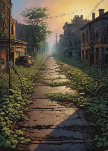 old linden alley,post-apocalyptic landscape,road forgotten,the street,alley,maple road,in the evening,blind alley,lostplace,evening atmosphere,summer evening,spring morning,street scene,bethlehem road,atmosphere sunrise sunrise,street canyon,sidewalk,alleyway,orlovsky,the road,Conceptual Art,Daily,Daily 09