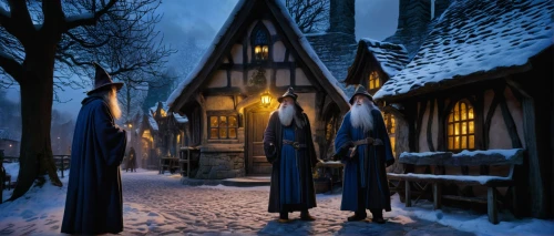 carolers,winter village,nativity village,hanging elves,elves,carol singers,nordic christmas,medieval street,elves flight,santons,suit of the snow maiden,knight village,folk village,christmas scene,snow scene,father frost,witch house,bremen town musicians,christmas crib figures,witch's house,Illustration,Retro,Retro 24