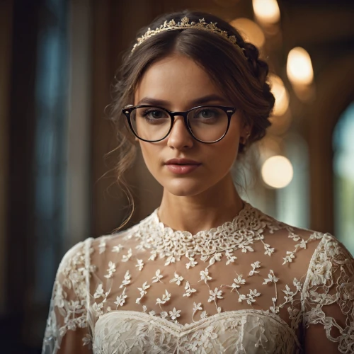 wedding glasses,lace round frames,silver framed glasses,tiara,with glasses,reading glasses,princess crown,bridal,spectacles,bridal jewelry,glasses,bridal dress,librarian,specs,wedding dress,bride,romantic portrait,bridal clothing,wedding dresses,diadem