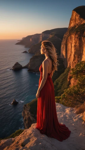 red cape,girl on the dune,man in red dress,aphrodite's rock,cliff top,girl in red dress,celtic woman,passion photography,girl in a long dress,cliffs ocean,aphrodite,red gown,cliffs,red tunic,romantic portrait,portrait photography,gracefulness,lady in red,the horizon,portrait photographers,Photography,General,Realistic