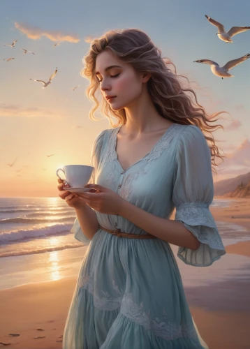 woman drinking coffee,fantasy picture,girl with cereal bowl,celtic woman,romantic portrait,woman with ice-cream,holding cup,spring morning,tea drinking,coffee tea illustration,world digital painting,woman at cafe,mystical portrait of a girl,pouring tea,girl on the dune,tea zen,coffee background,drinking coffee,daybreak,sea breeze,Conceptual Art,Fantasy,Fantasy 18