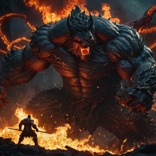 warrior and orc,splitting maul,game illustration,massively multiplayer online role-playing game,king kong,game art,brute,battle,orc,kong,leopard's bane,scorch,doomsday,burning earth,volcanic,fire background,magma,fury,lava,rage,Photography,General,Fantasy