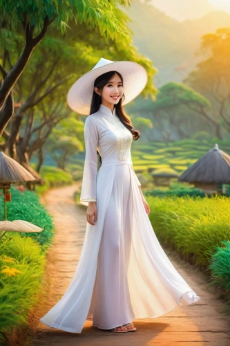 ao dai,vietnamese woman,miss vietnam,oriental princess,girl in a long dress,viet nam,sun bride,vietnam,asian woman,divine healing energy,mulan,jasmine blossom,landscape background,fantasy picture,vietnamese,asian vision,asian culture,scent of jasmine,vietnam's,asian conical hat,Illustration,Realistic Fantasy,Realistic Fantasy 01