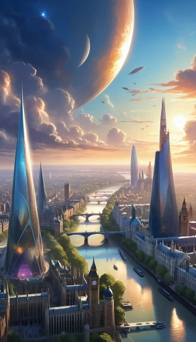 futuristic landscape,fantasy city,fantasy world,futuristic architecture,fantasy landscape,sci fiction illustration,city cities,alien planet,alien world,sky space concept,world digital painting,copernican world system,space art,sky city,city skyline,tomorrowland,dream world,fantasy picture,shanghai disney,3d fantasy,Illustration,Realistic Fantasy,Realistic Fantasy 01