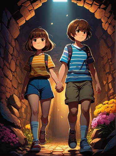 little boy and girl,adventure game,hold hands,girl and boy outdoor,boy and girl,holding hands,chasm,game illustration,hand in hand,kids illustration,hiyayakko,hands holding,action-adventure game,children's background,magical adventure,villagers,vintage boy and girl,studio ghibli,exploration,game art,Illustration,American Style,American Style 02