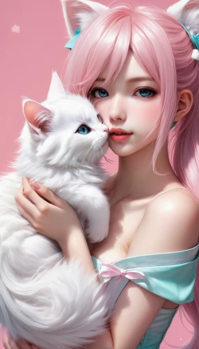 kitsune,samoyed,pink cat,pet,girl with dog,cat kawaii,luka,dog and cat,white cat,pink background,kawaii pig,mochi,cat child,valentine background,doll cat,kawaii,pets,kitty,valentines day background,cat mom,Conceptual Art,Fantasy,Fantasy 03