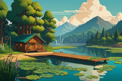 house with lake,summer cottage,landscape background,floating huts,home landscape,emerald lake,the cabin in the mountains,small cabin,log cabin,boathouse,cottage,mountain lake,mountainlake,background vector,house by the water,log home,house in mountains,world digital painting,alpine lake,houseboat,Illustration,Vector,Vector 13