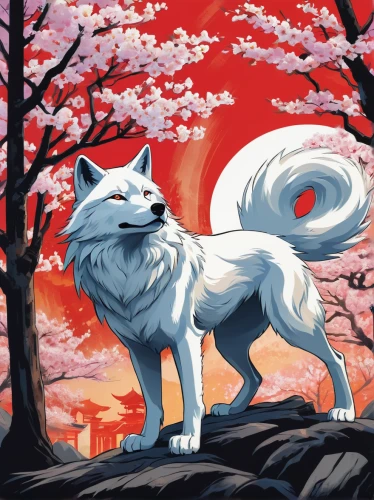 kitsune,nine-tailed,japanese sakura background,akita inu,inari,sakura background,howl,howling wolf,kishu,chidori is the cherry blossoms,akita,canidae,arctic fox,garden-fox tail,redfox,wolf,springtime background,gray wolf,samoyed,japanese floral background,Art,Artistic Painting,Artistic Painting 35