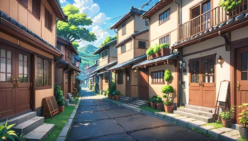 narrow street,old linden alley,violet evergarden,alleyway,wooden houses,alley,townhouses,cobblestone,the cobbled streets,medieval street,spa town,beautiful buildings,cobblestones,neighborhood,neighbourhood,studio ghibli,euphonium,old town,french digital background,street scene,Anime,Anime,General