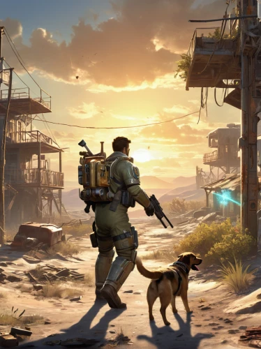 fallout4,fallout,post apocalyptic,post-apocalyptic landscape,wasteland,hunting dogs,game art,game illustration,companion dog,boy and dog,fresh fallout,background image,cargo,shepherd dog,shooter game,fallout shelter,erbore,concept art,shepherd romance,capture desert,Illustration,Japanese style,Japanese Style 19