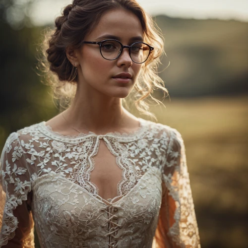 lace round frames,wedding glasses,bridal dress,wedding dress,wedding dresses,silver framed glasses,wedding gown,bridal clothing,bridal,romantic look,romantic portrait,bridal jewelry,with glasses,vintage lace,reading glasses,bride,wedding dress train,blonde in wedding dress,spectacles,girl in white dress