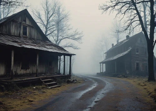 ghost town,witch house,creepy house,abandoned places,lonely house,abandoned house,foggy landscape,road forgotten,lostplace,old home,abandoned place,foggy day,abandoned,wooden houses,old houses,old house,witch's house,haunted house,farmstead,foggy,Illustration,Retro,Retro 21