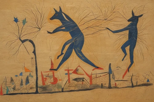 kokopelli,folk art,indigenous painting,cool woodblock images,pere davids deer,khokhloma painting,garden-fox tail,hunting scene,aboriginal painting,animals hunting,anasazi,motifs of blue stars,man and horses,petroglyph figures,indian art,wind vane,greyhound,boy and dog,animal figure,shamanism,Art,Artistic Painting,Artistic Painting 47