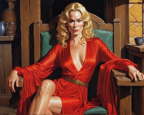 man in red dress,marylyn monroe - female,lady in red,blonde woman,woman sitting,woman drinking coffee,woman at cafe,mamie van doren,carol m highsmith,femme fatale,red tablecloth,ann margarett-hollywood,portrait of christi,fantasy woman,susanne pleshette,woman thinking,red gown,woman,blonde on the chair,femininity,Illustration,American Style,American Style 05