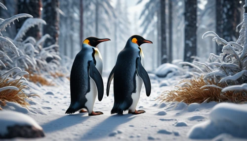 penguin couple,emperor penguins,penguin parade,penguins,king penguins,winter animals,donkey penguins,emperor penguin,king penguin,african penguins,snow scene,whimsical animals,snares penguin,arctic birds,animal film,penguin enemy,anthropomorphized animals,penguin,linux,casuariiformes,Photography,General,Sci-Fi