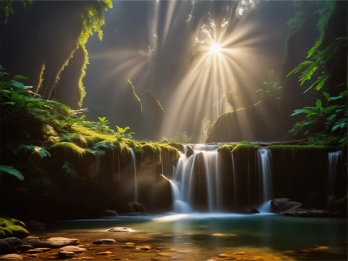 beam of light,mountain spring,fantasy picture,waterfall,green waterfall,landscape background,fantasy landscape,light rays,world digital painting,fairy forest,brown waterfall,a small waterfall,god rays,water fall,waterfalls,spark of shower,water mist,mountain stream,glow of light,cascading,Photography,General,Realistic