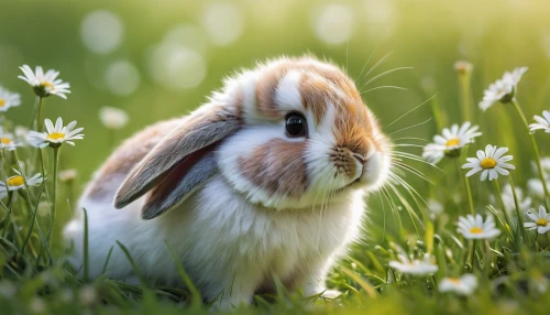 bunny on flower,dwarf rabbit,european rabbit,spring background,springtime background,cottontail,field hare,wild rabbit in clover field,easter background,flower background,grass blossom,bunny,little bunny,domestic rabbit,brown rabbit,cavy,little rabbit,flower animal,cute animal,chamomile in wheat field,Conceptual Art,Sci-Fi,Sci-Fi 18