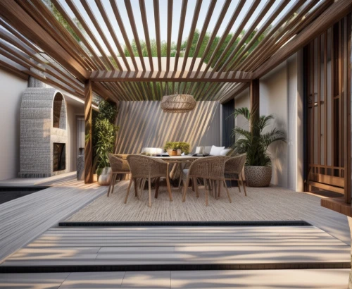 garden design sydney,wooden decking,bamboo curtain,landscape design sydney,wood deck,japanese-style room,bamboo plants,landscape designers sydney,3d rendering,roof terrace,decking,wooden sauna,dunes house,room divider,wooden beams,timber house,wooden roof,japanese architecture,daylighting,archidaily