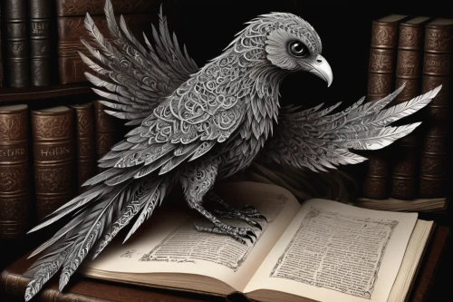 reading owl,african gray parrot,griffon bruxellois,gryphon,raven sculpture,an ornamental bird,corvidae,eagle illustration,regulorum,african grey,harpy,ornamental bird,imperial eagle,plumed-pigeon,baleurica regulorum,boobook owl,book antique,bird illustration,great grey owl hybrid,3d crow,Illustration,Black and White,Black and White 11