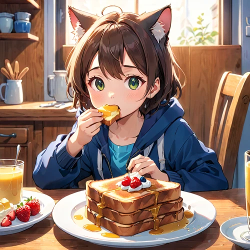 cat's cafe,spring pancake,miku maekawa,pancake,kawaii food,honmei choco,delicious food,tea party cat,nyan,plate of pancakes,have breakfast,sweet food,pancakes,eating,breakfast in bed,french toast,cafe,small pancakes,dorayaki,breakfest,Anime,Anime,Realistic