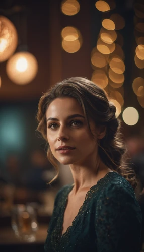 woman at cafe,background bokeh,barmaid,bokeh,girl in the kitchen,visual effect lighting,waitress,bokeh effect,scene lighting,romantic look,girl in a long,woman portrait,actress,birce akalay,digital compositing,bartender,vintage woman,vesper,bokeh lights,romantic portrait,Photography,General,Cinematic