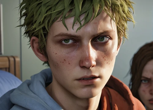 male elf,tangelo,pupils,male character,green eyes,fallout4,peter,green skin,john doe,main character,clementine,3d rendered,peter i,boy,ryan navion,fen,luka,ken,rendering,caesar cut,Illustration,Retro,Retro 21