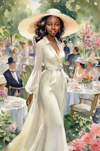 african american woman,linden blossom,jasmine bush,high tea,southern belle,nigeria woman,tiana,flower girl,mother of the bride,blossoming,black woman,mrs white,happy day of the woman,lily of the nile,rose woodruff,bridal shower,west indian jasmine,gone with the wind,easter brunch,the cherry blossoms,Digital Art,Watercolor