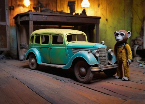 tin car,anthropomorphized animals,tin toys,wind-up toy,toy's story,whimsical animals,madagascar,car repair,woody car,frankenweenie,rescue alley,auto repair,salvage yard,auto repair shop,rover streetwise,rusty cars,junk yard,junkyard,scrapped car,cartoon car,Illustration,Black and White,Black and White 28