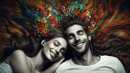 psychedelic art,two people,photoshop manipulation,photo manipulation,photoshop creativity,romantic portrait,world digital painting,young couple,man and woman,photomanipulation,exploding head,oil painting on canvas,ecstasy,image manipulation,surrealism,hallucinogenic,couple - relationship,digital art,art painting,amorous
