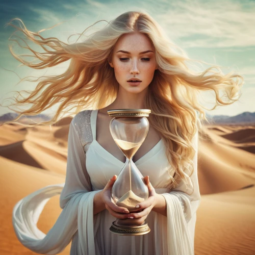 girl on the dune,sand timer,celtic woman,priestess,crystal ball-photography,mystical portrait of a girl,divine healing energy,sorceress,chalice,libra,blonde woman,fantasy portrait,argan,fantasy woman,gold chalice,zodiac sign libra,golden candlestick,crystal ball,hourglass,medieval hourglass,Illustration,Realistic Fantasy,Realistic Fantasy 15
