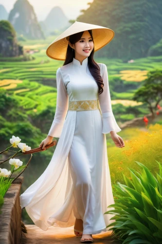 ao dai,vietnamese woman,rice fields,viet nam,rice paddies,landscape background,asian woman,ricefield,fantasy picture,oriental princess,the rice field,asian vision,vietnam,miss vietnam,asian conical hat,nước chấm,divine healing energy,ham ninh,japanese woman,vietnamese,Illustration,Realistic Fantasy,Realistic Fantasy 01