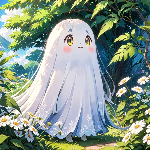 ghost girl,studio ghibli,ghost,lilly of the valley,lily of the field,ghost background,ghost face,bridal veil,lily of the valley,the ghost,kawaii owl,fairy penguin,veil,mantoo,boo,halloween ghosts,ghosts,ori-pei,white pumpkin,leaf background,Anime,Anime,Traditional