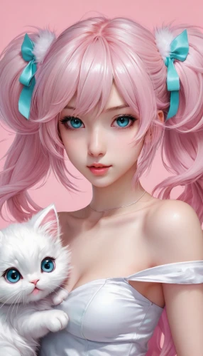 doll cat,pink cat,porcelain dolls,female doll,artist doll,doll's facial features,painter doll,color pink white,anime 3d,white cat,barbie,pink background,doll figures,rose quartz,luka,pink white,realdoll,pink-white,white pink,designer dolls,Conceptual Art,Fantasy,Fantasy 03