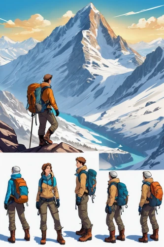 mountain guide,mountain boots,alpine hats,hiker,snowy peaks,digital nomads,adventurer,mountaineers,hiking equipment,mountaineer,ski mountaineering,avalanche protection,pathfinders,backpacking,alpine crossing,concept art,mountain rescue,hikers,mountaineering,moutains,Unique,Design,Character Design