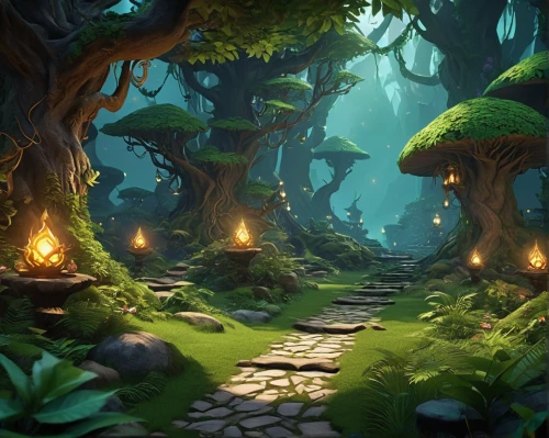 elven forest,fairy forest,druid grove,forest path,enchanted forest,forest glade,mushroom landscape,cartoon forest,fairytale forest,forest floor,cartoon video game background,fairy village,the forest,green forest,pathway,the mystical path,holy forest,forest landscape,forest background,forest road,Illustration,Realistic Fantasy,Realistic Fantasy 14