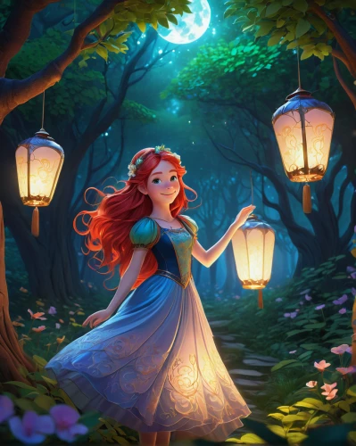 fairy lanterns,merida,lanterns,fireflies,enchanted,fairy tale character,fae,rosa 'the fairy,cinderella,angel lanterns,fairy forest,enchanted forest,fairytale,fairy tale,fantasy picture,a girl in a dress,a fairy tale,rosa ' the fairy,lantern,fairy world,Illustration,American Style,American Style 01