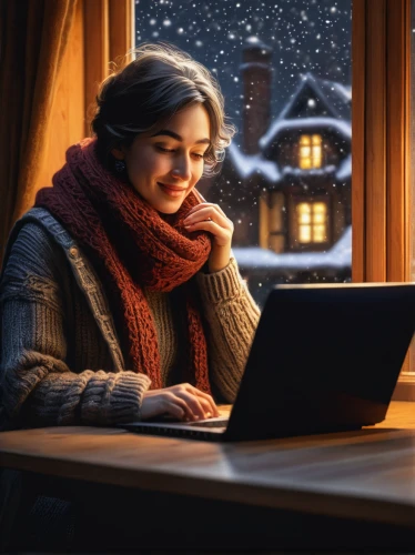 winter background,christmas snowy background,snow drawing,christmas messenger,girl studying,snow scene,girl at the computer,world digital painting,winter window,christmasbackground,warm and cozy,online date,cyber monday social media post,snowflake background,remote work,blonde girl with christmas gift,warmth,illustrator,christmas wallpaper,winter dream,Conceptual Art,Daily,Daily 09