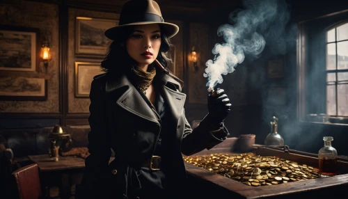 watchmaker,cigarette girl,vesper,victoria smoking,smoking girl,bowler hat,pipe smoking,investigator,apothecary,clockmaker,steampunk,play escape game live and win,jigsaw puzzle,vials,magician,the collector,treasure chest,black hat,victorian style,potions,Illustration,Japanese style,Japanese Style 16