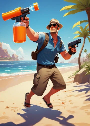 beach defence,summer icons,the beach fixing,man holding gun and light,water gun,vector illustration,summer items,game illustration,summer background,pubg mascot,mobile video game vector background,janitor,game art,south seas,shooter game,tropics,cuba background,cg artwork,safe island,beach background,Illustration,Vector,Vector 02