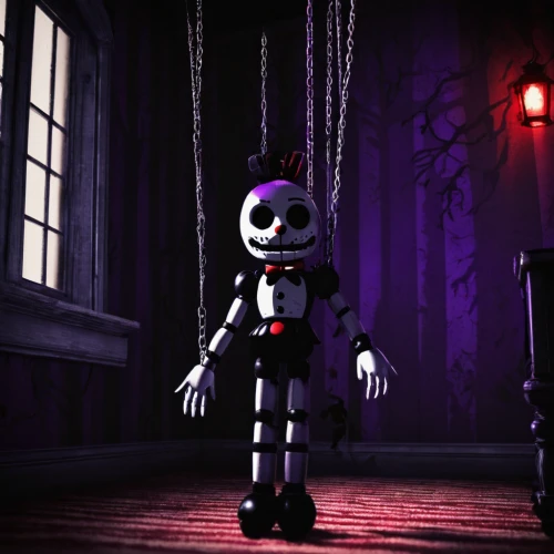 endoskeleton,marionette,puppet,killer doll,voo doo doll,string puppet,3d render,the voodoo doll,a voodoo doll,voodoo doll,a dark room,pierrot,rubber doll,fractale,plush figure,withered,in the shadows,halloween background,edit icon,purple frame,Illustration,Realistic Fantasy,Realistic Fantasy 46