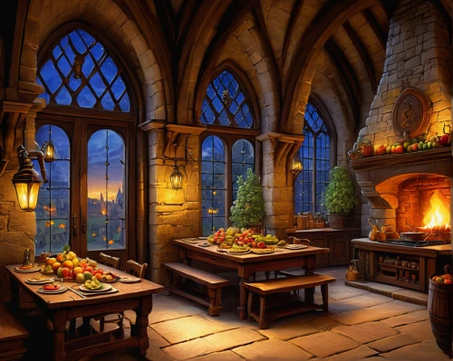 fireplaces,fireplace,breakfast room,romantic dinner,dining room,fireside,wine cellar,hobbiton,alpine restaurant,fire place,wooden windows,hogwarts,fairytale castle,fairy tale castle,outdoor dining,victorian kitchen,fine dining restaurant,medieval architecture,candle light dinner,fantasy landscape,Illustration,Retro,Retro 22