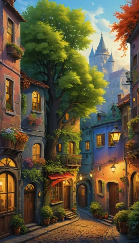 aurora village,medieval town,medieval street,old town,alpine village,fantasy landscape,old city,world digital painting,mountain village,meteora,old linden alley,3d fantasy,escher village,colorful city,cartoon video game background,fantasy city,spa town,houses clipart,the cobbled streets,townhouses,Illustration,Realistic Fantasy,Realistic Fantasy 27