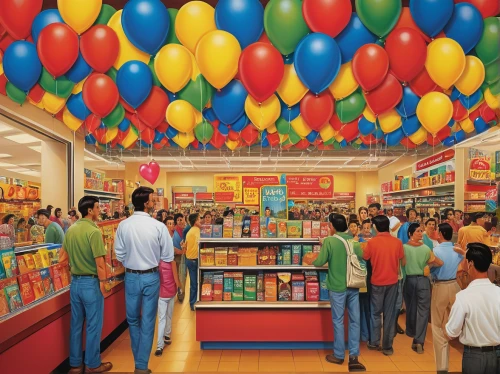 toy store,candy store,candy shop,principal market,supermarket,grocery store,grocer,children's interior,store,convenience store,colorful balloons,multistoreyed,pharmacy,market introduction,bond stores,grocery,book store,rainbow color balloons,aisle,minimarket,Art,Artistic Painting,Artistic Painting 31